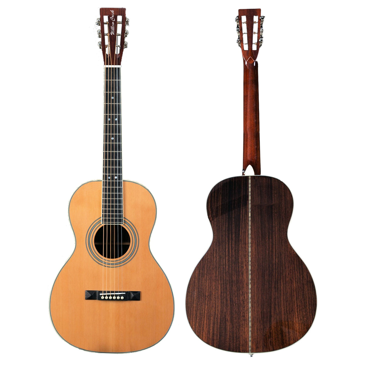 Willow Creek FX-PP71 Parlor Pro with cedar top and slotted headstock, front beside the Indian rosewood back.