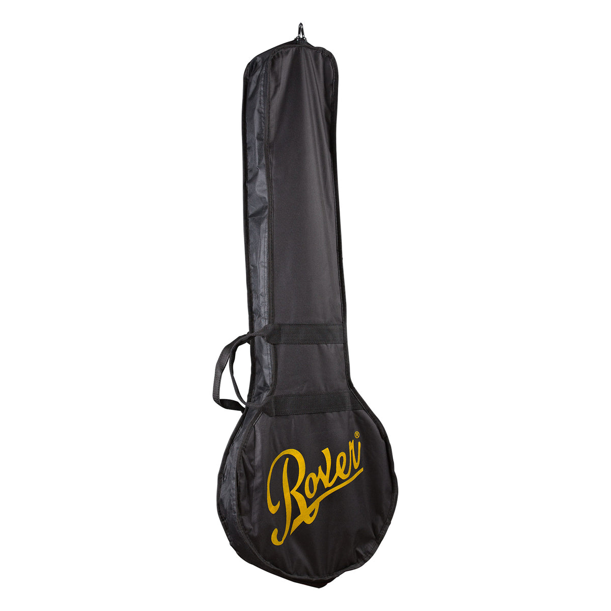 A black banjo gig bag with a yellow 'Rover' logo on the front, shown against a plain white background.