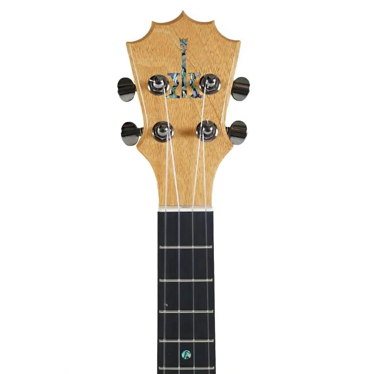 KoAloha KTM-S10 Slimline ukulele #1, front of the 5-pointed crown headstock with black chrome geared tuners and ebony fretboard