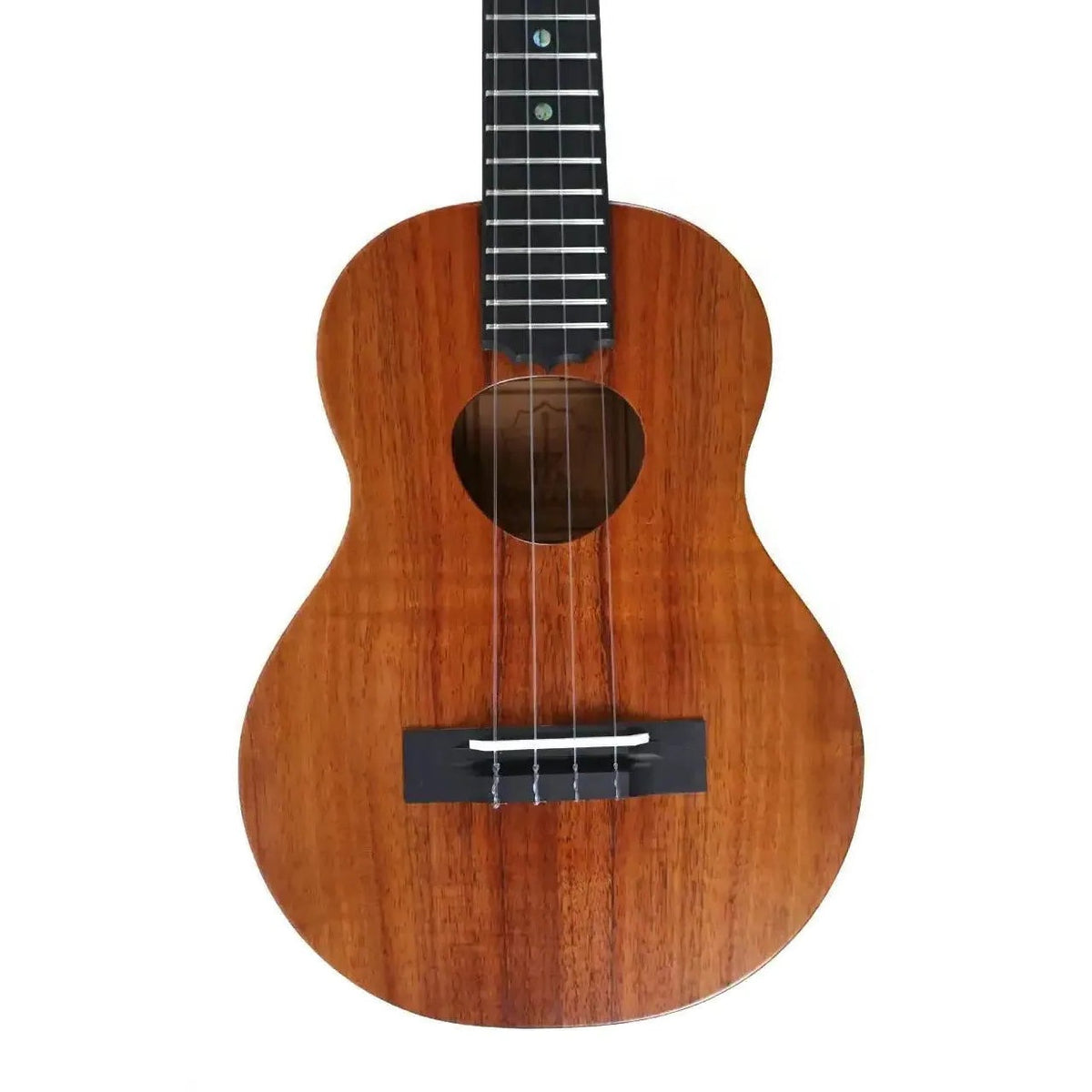KoAloha KTM-S10 Slimline satin koa tenor ukulele #1, close-up of the solid koa top with soundhole and ebony bridge