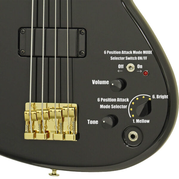 Aria Pro II SB-1000 reissue bass close-up of the gold bridge, volume and tone knobs and the attack mode selector