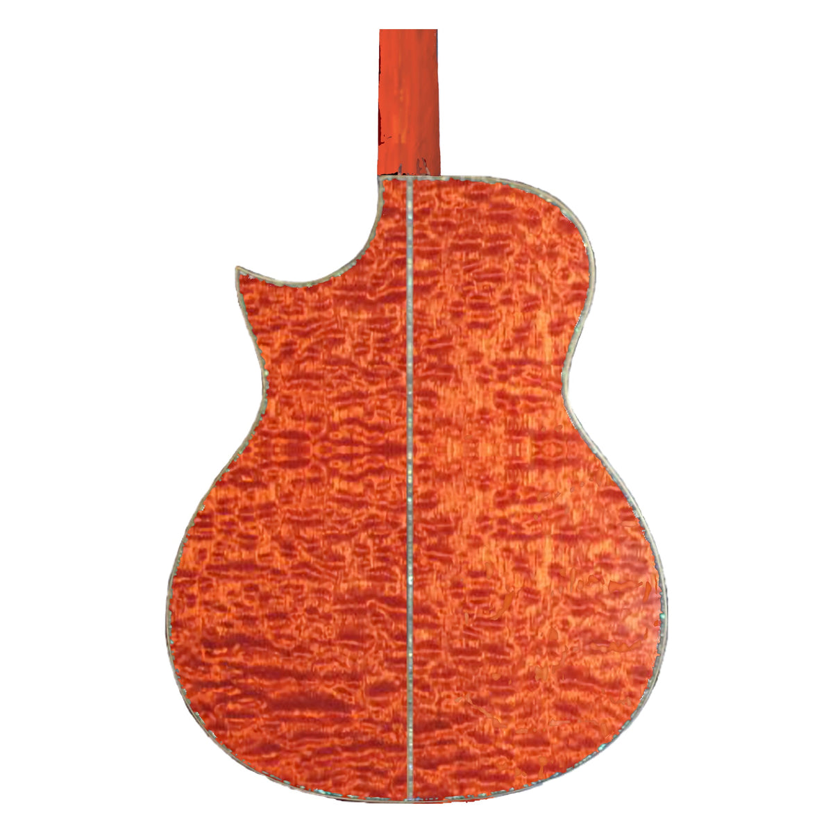 Willow Creek FX-SG9B Hummingbird Elite, back of the body in quilted burled mahogany with abalone center strip and binding.