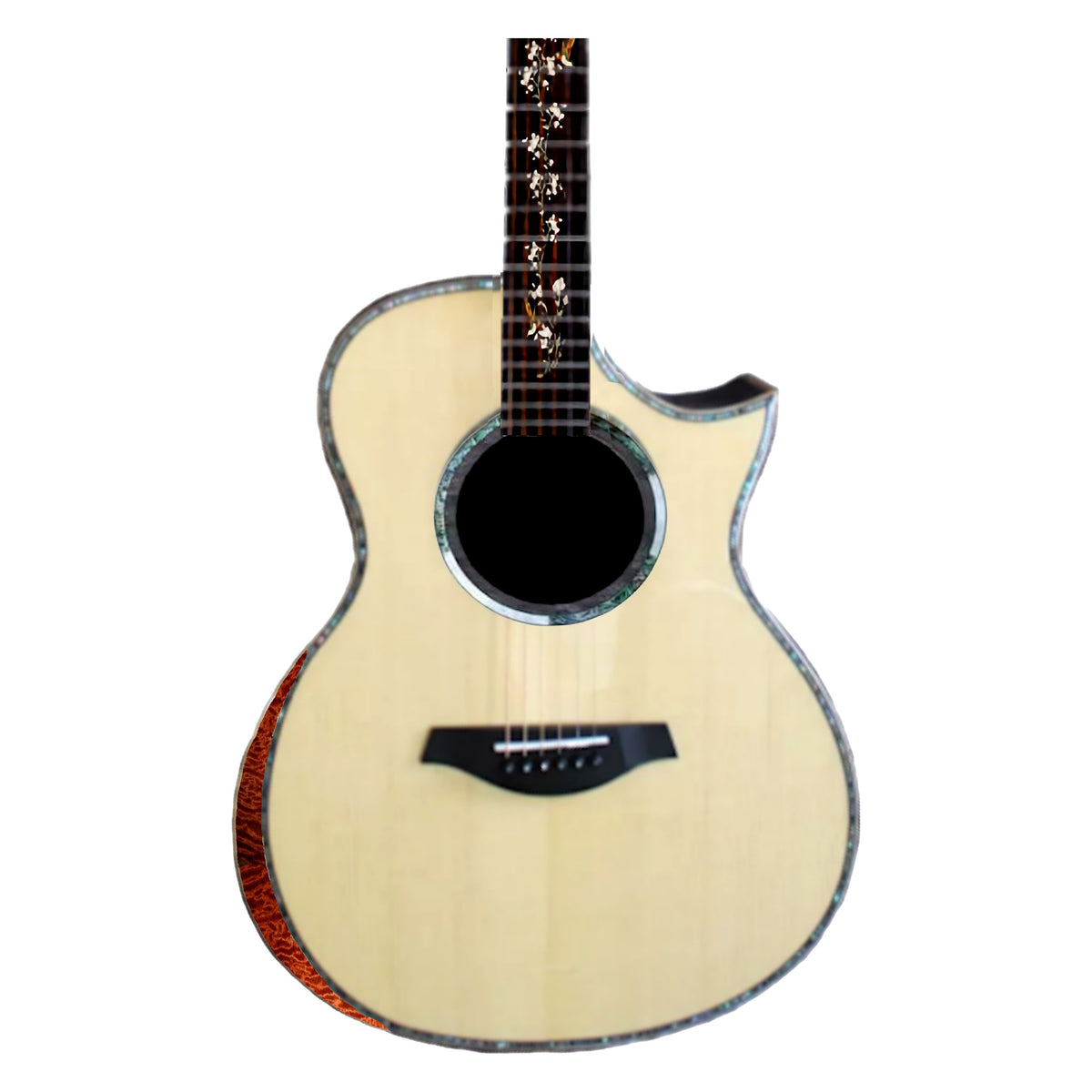 Willow Creek FX-SG9B Hummingbird Elite, body front with natural Sitka spruce top, abalone binding and hummingbird inlay on the ebony fretboard.