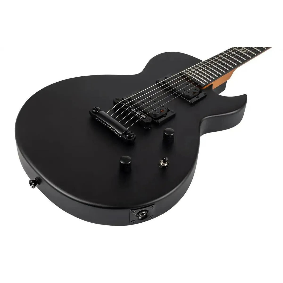 Spira L-400 MBK satin black solid body electric guitar with roasted poplar body and ebony tech fretboard.