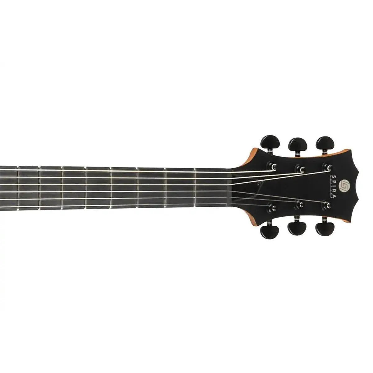 Spira L-400 MBK electric guitar headstock and fretboard, satin black finish with black tuners.