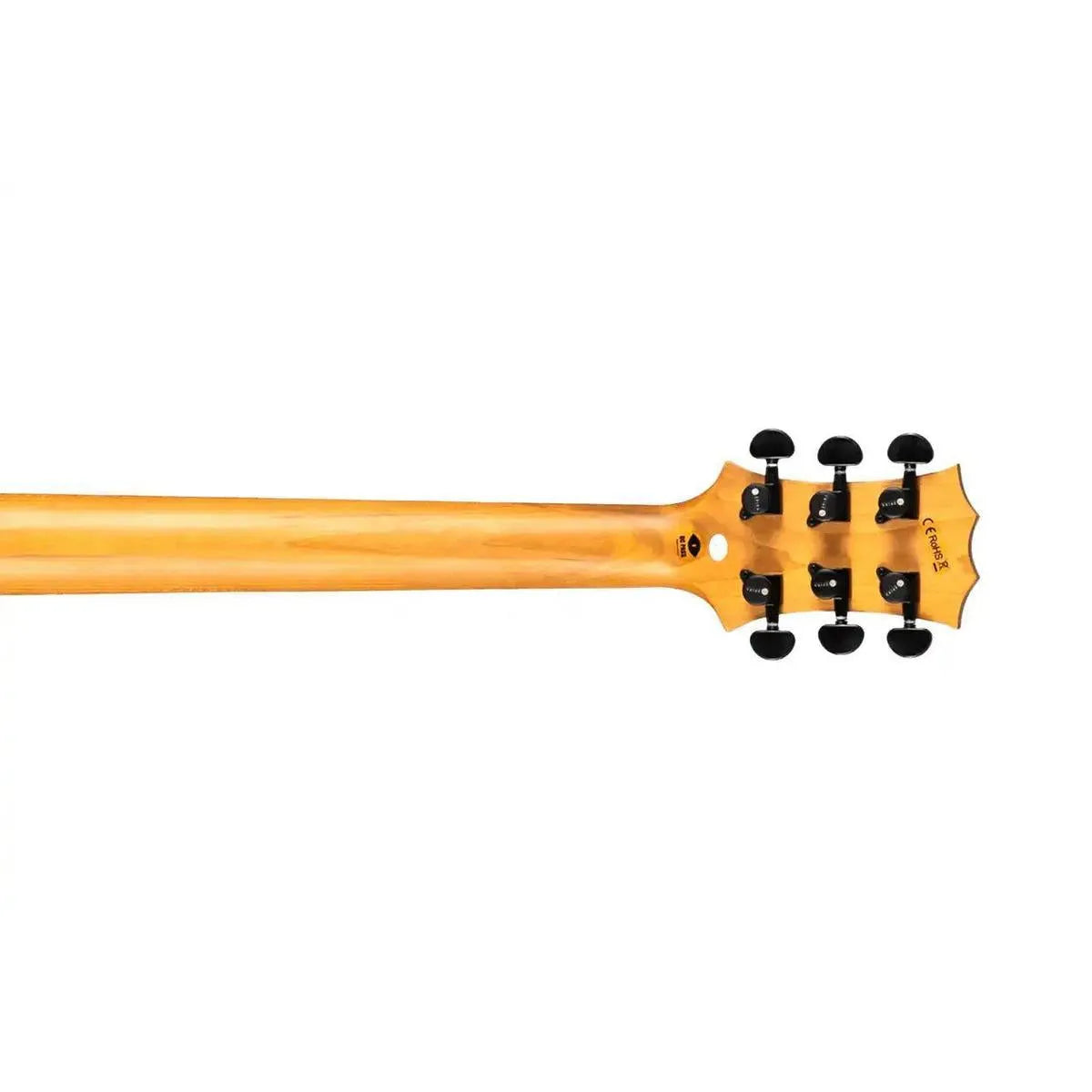 Spira L-400 MBK electric guitar's roasted maple neck and headstock with black tuners.