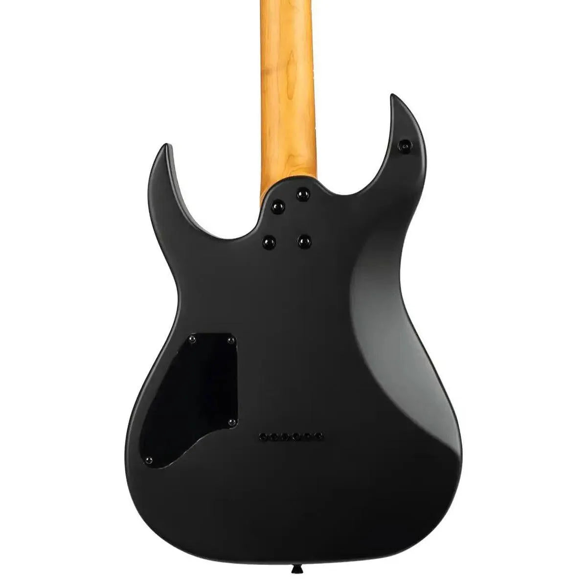 Back of a Spira S-400 MBK Satin Black solid body electric guitar with a light wood neck.