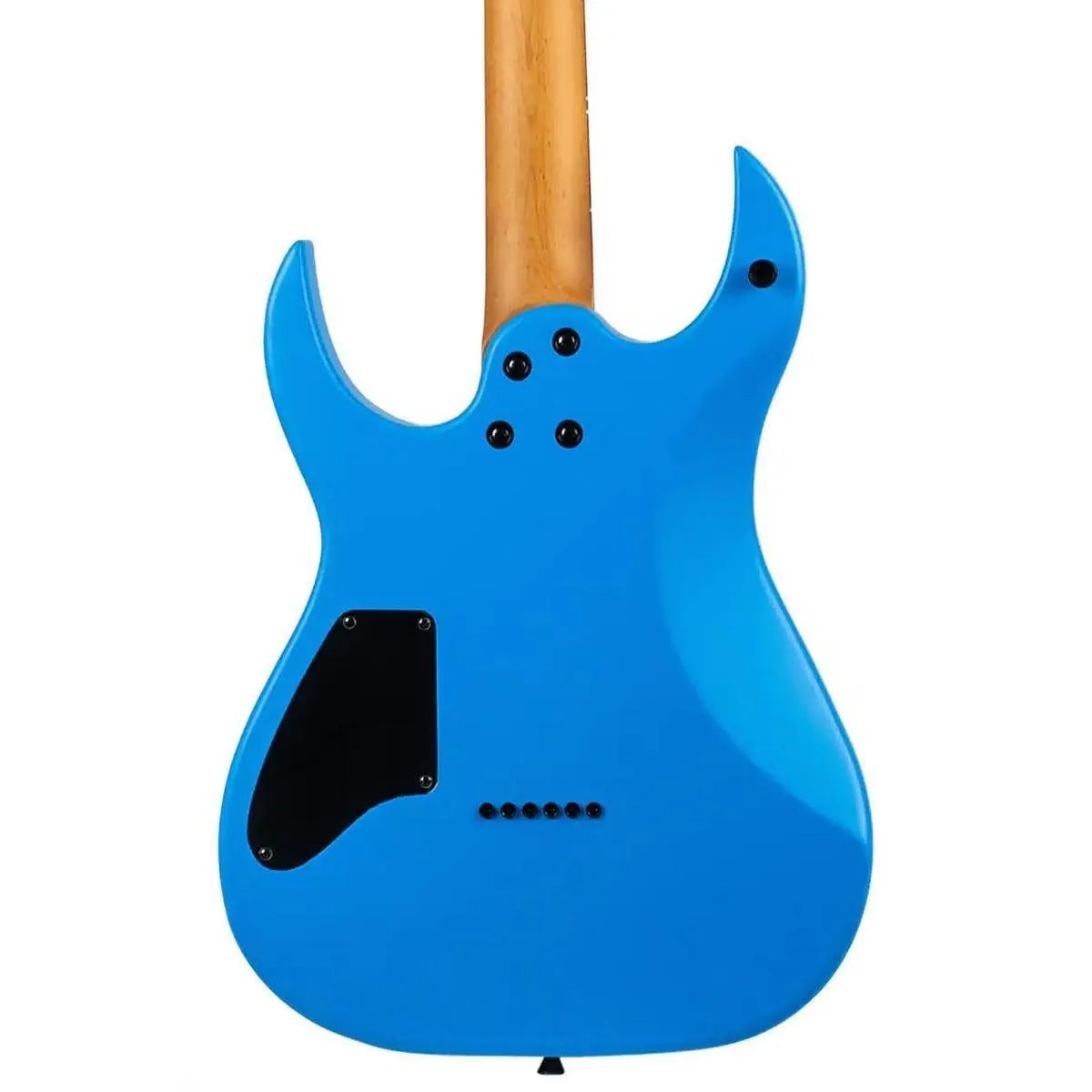 Back of a Spira S-400 MBL solid body electric guitar in satin blue with a roasted maple neck.