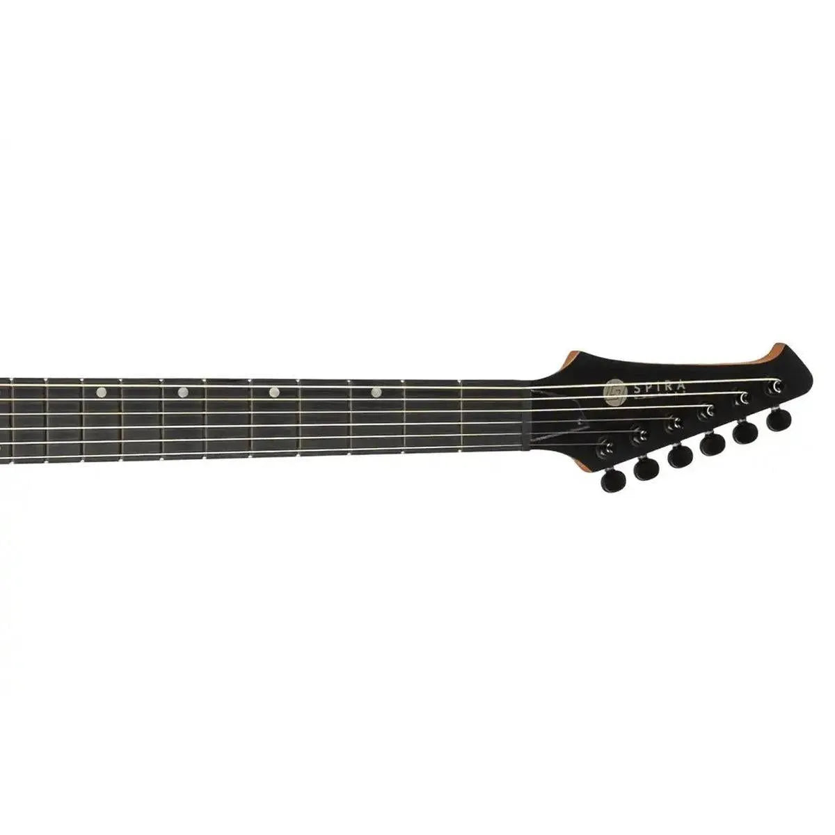 Spira S-400 MBL electric guitar headstock and fretboard with black locking tuners and ebony tech fretboard.