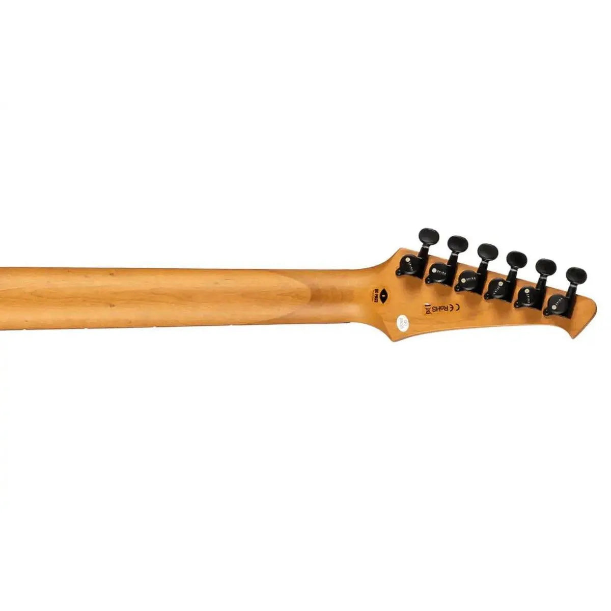Spira S-400 MBL Stratocaster electric guitar neck and headstock with black locking tuners.