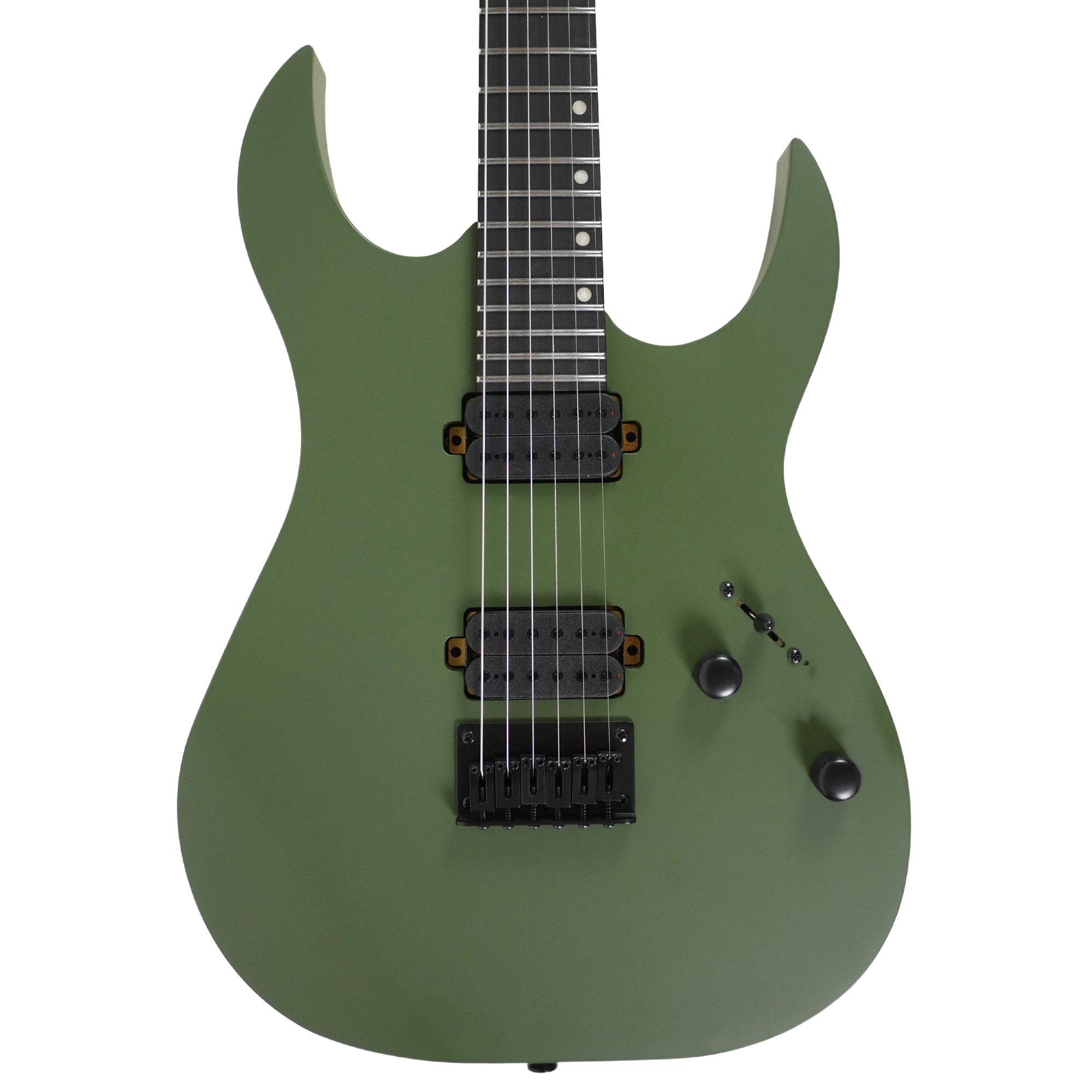 Spira S-400 MGR Dark Green Stratocaster electric guitar with black hardware and humbucker pickups.