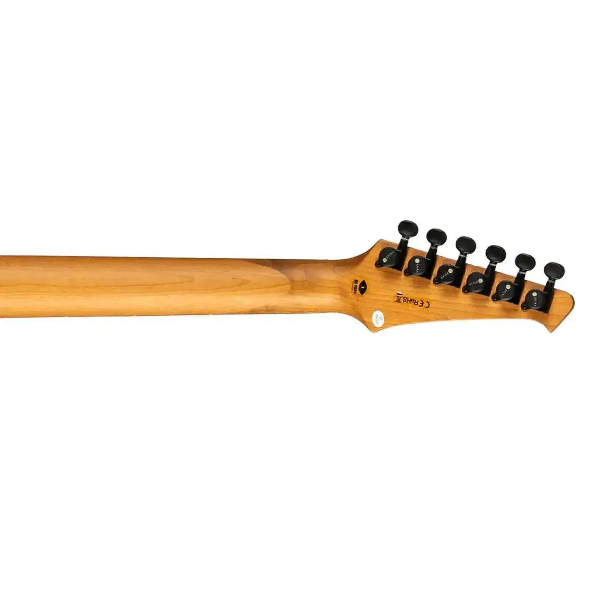 Spira S-400 MGR Stratocaster electric guitar headstock and neck, natural wood finish with black tuners.