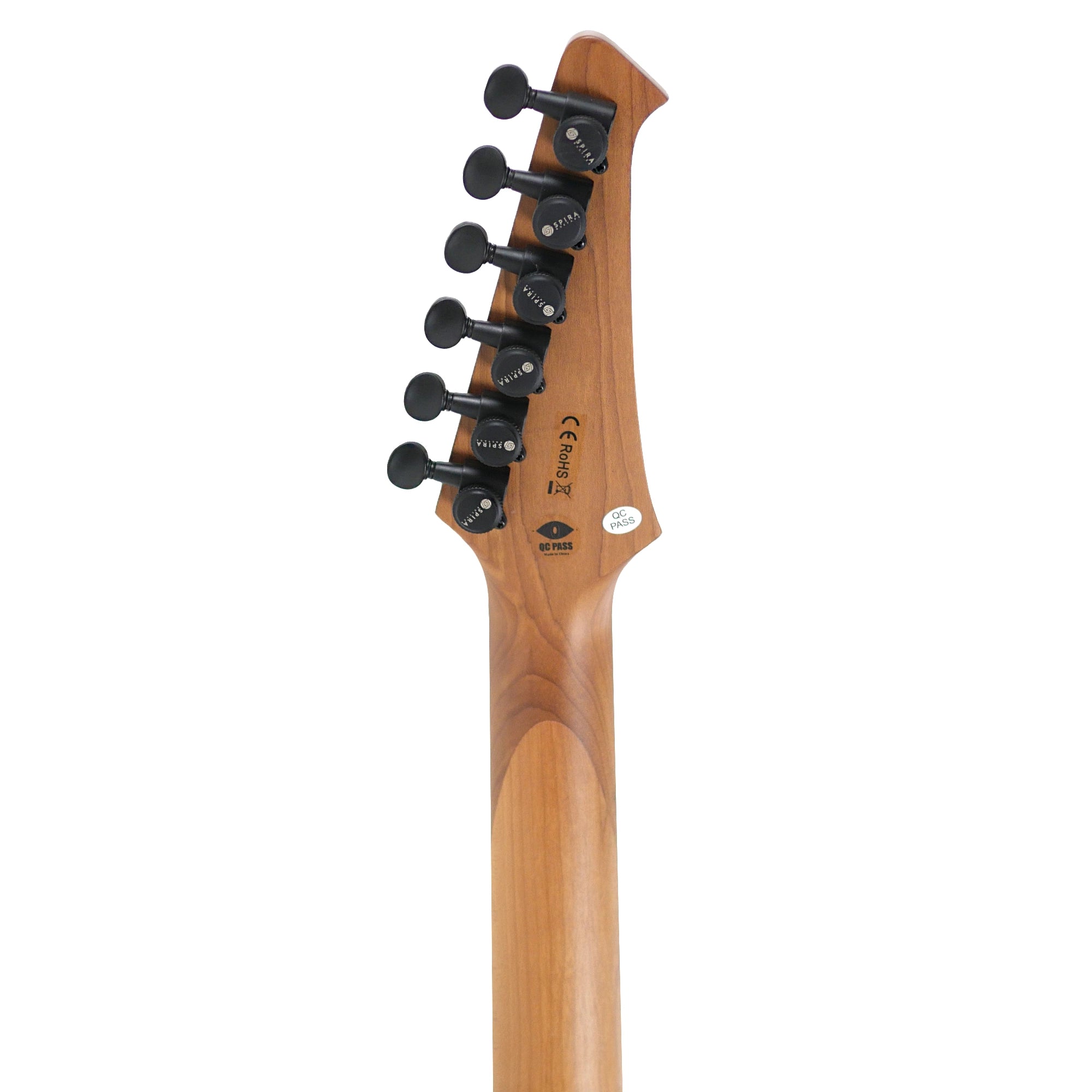 Spira S-400 MGR electric guitar headstock and neck, roasted maple with black tuners.