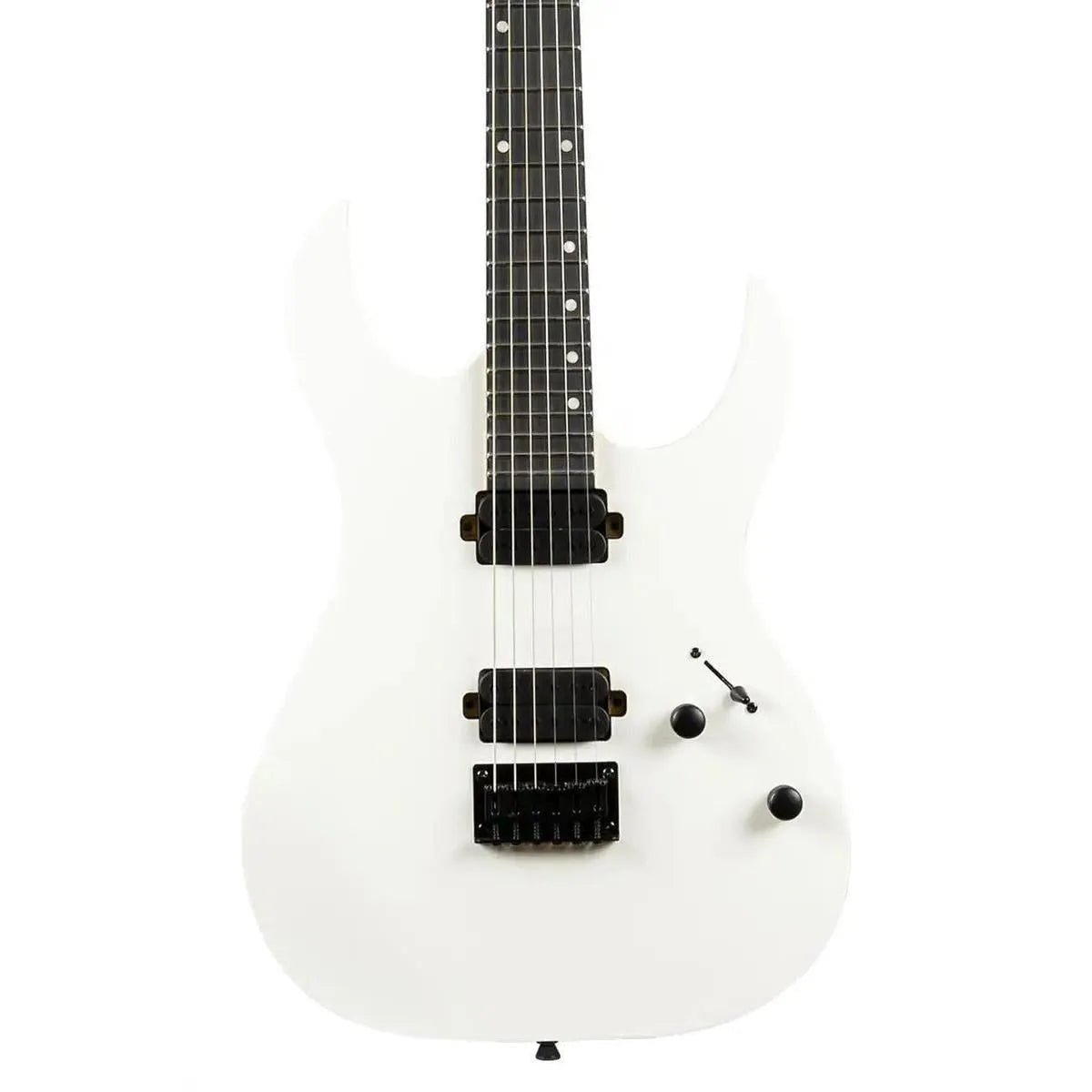 Spira S-400 MWH solid body electric guitar in satin white with black hardware and ebony fretboard.