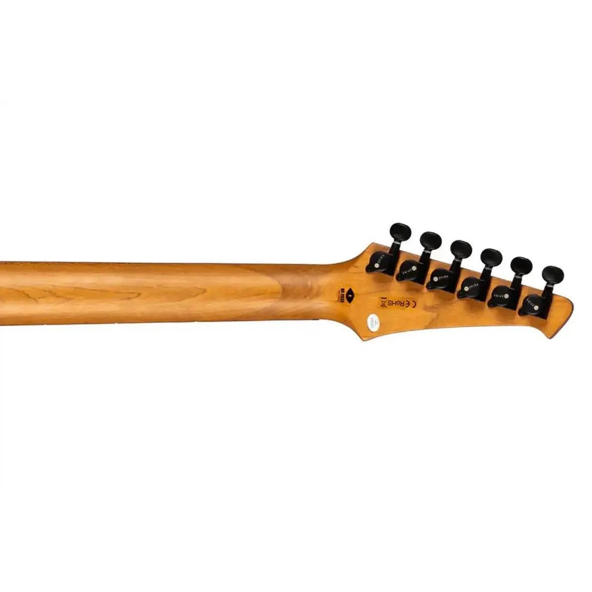 Spira S-400 MWR electric guitar headstock and neck, roasted maple with black locking tuners.