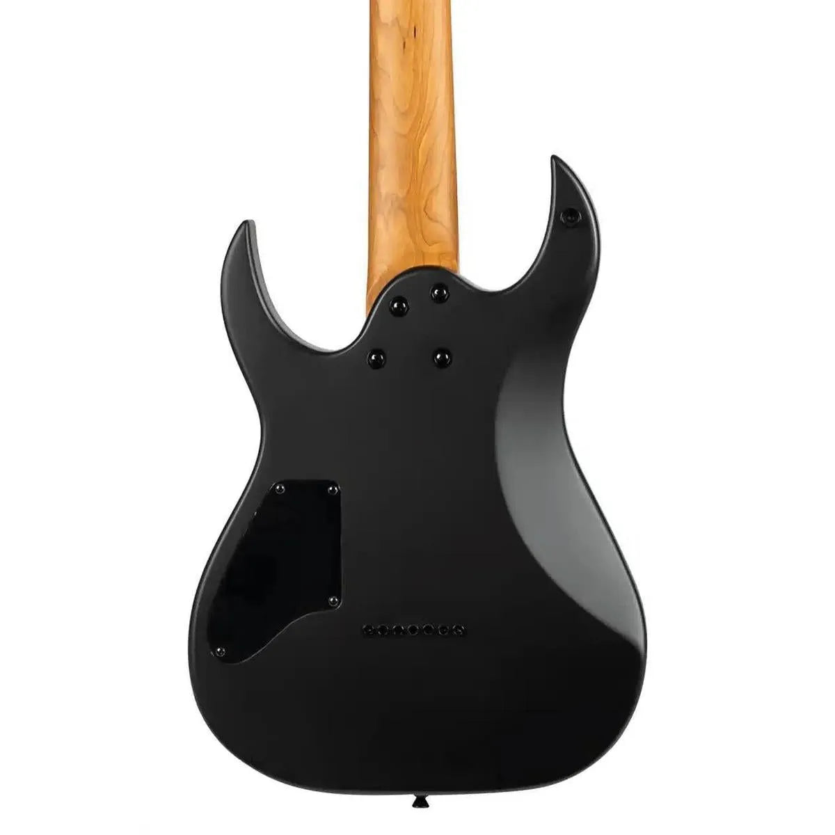 Spira S-407 MBK 7-string electric guitar back, satin black roasted poplar body, natural maple neck.