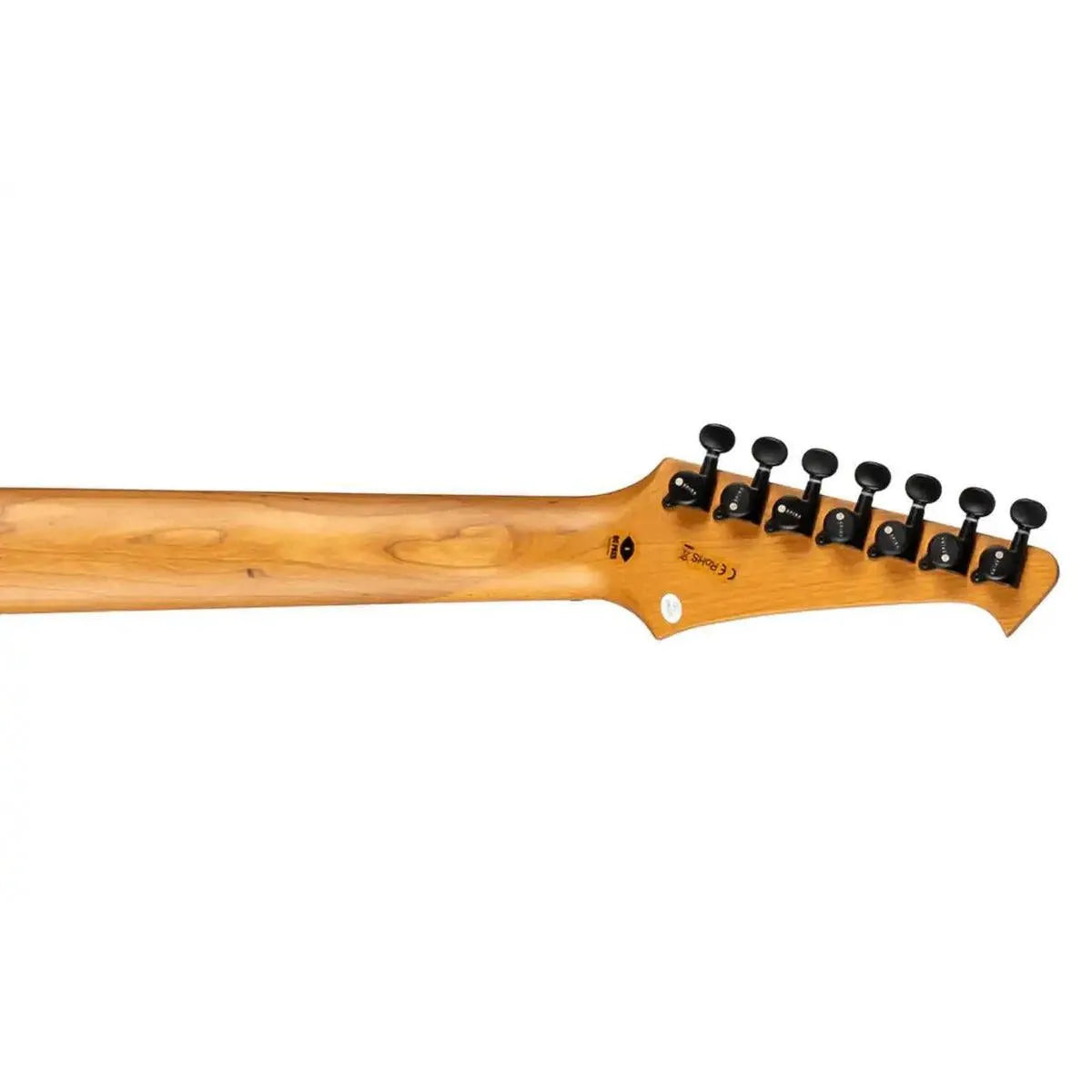 Spira S-407 MBK 7-string electric guitar headstock and roasted maple neck, natural wood finish.