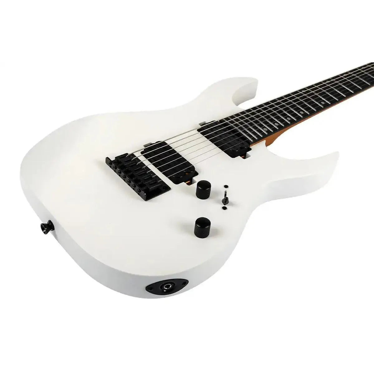 Spira S-407 MWH satin white 7-string Stratocaster electric guitar with black hardware.