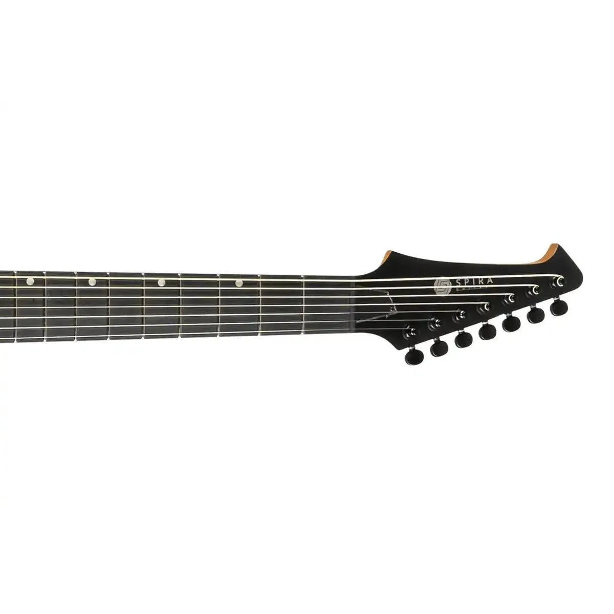 Spira S-407 MWH 7-string electric guitar headstock and fretboard, dark ebony with black tuners.