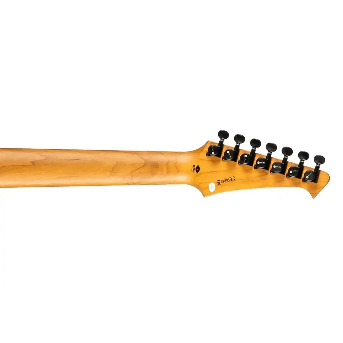 Spira S-407 7-string electric guitar's roasted maple neck and headstock with black tuners.