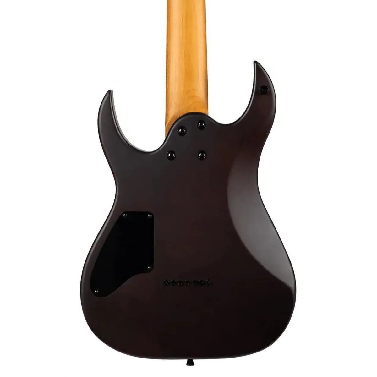 Back of Spira S-407 MWR Wine Red 7-string electric guitar with natural roasted maple neck.