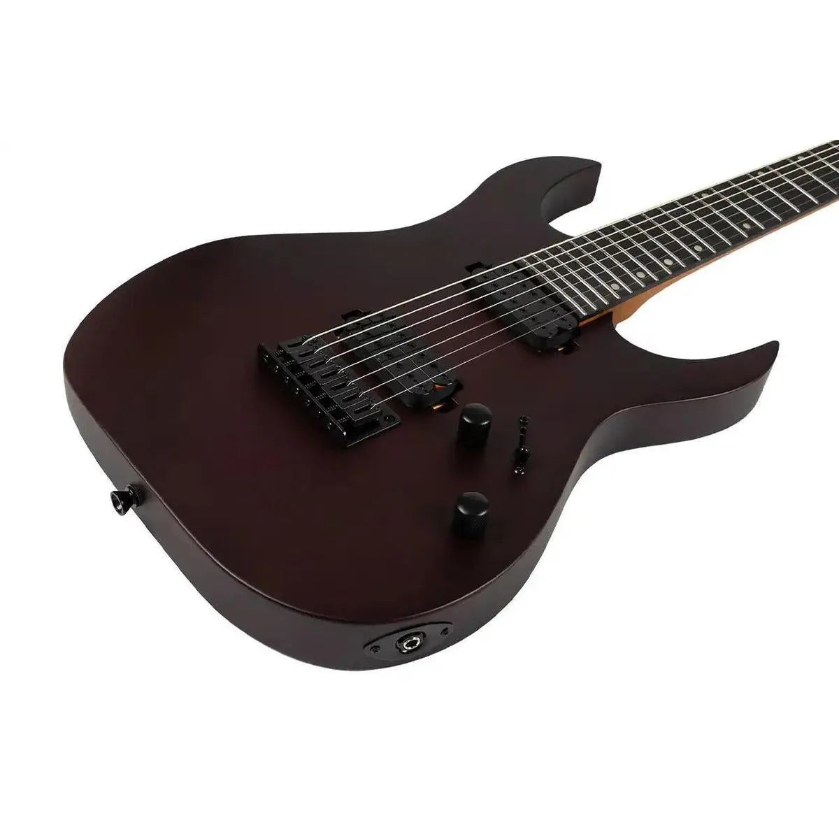 Spira S-407 MWR Wine Red 7-String Stratocaster electric guitar with black hardware and satin finish.