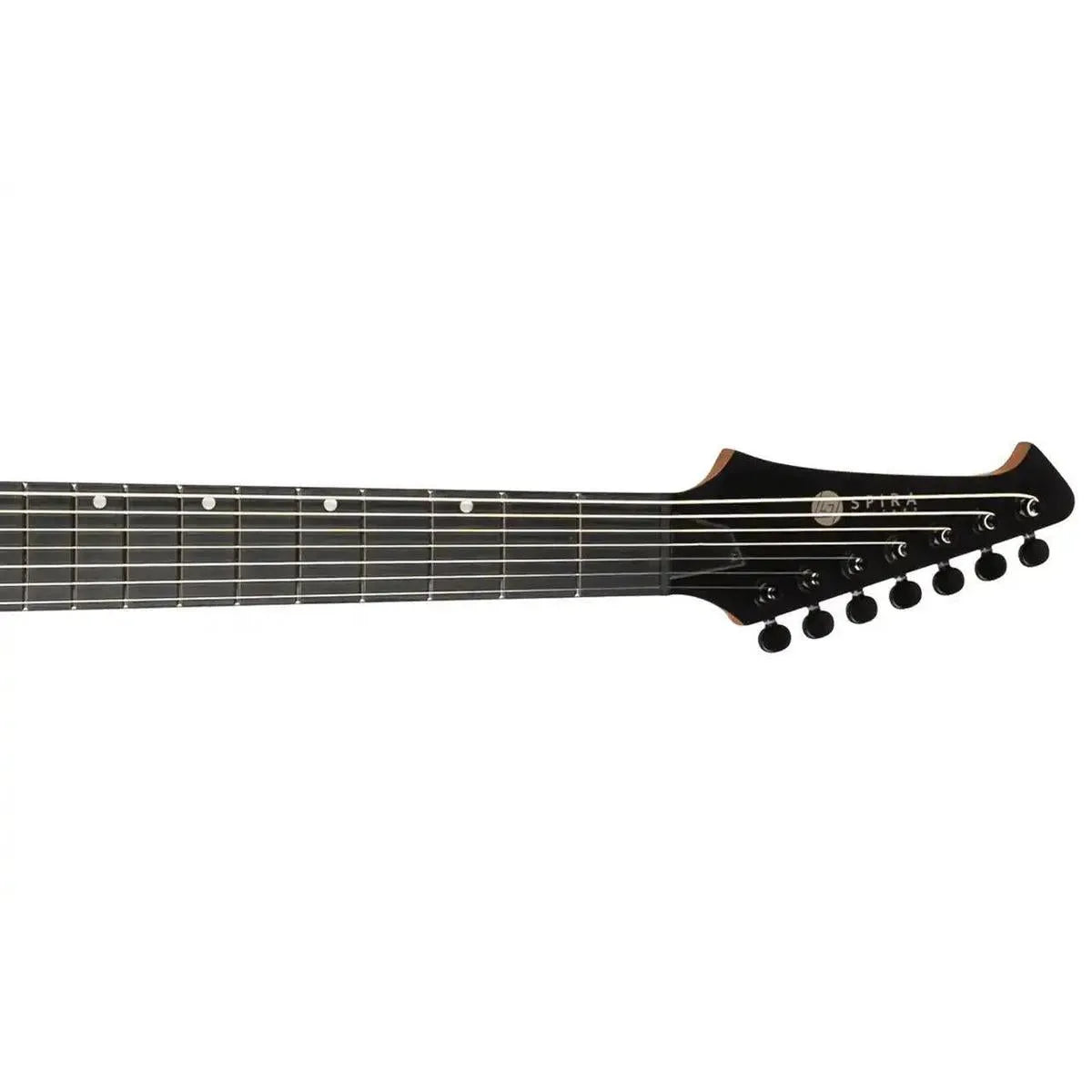 Spira S-407 7-string electric guitar headstock and fretboard with black tuners and ebony tech.