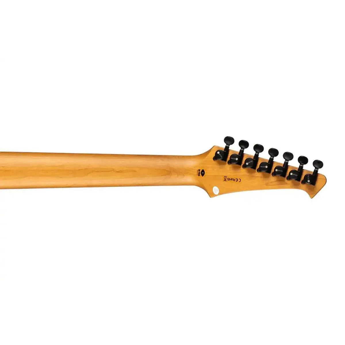 Back of Spira S-407 MWR 7-string electric guitar headstock with roasted maple neck and black locking tuners.
