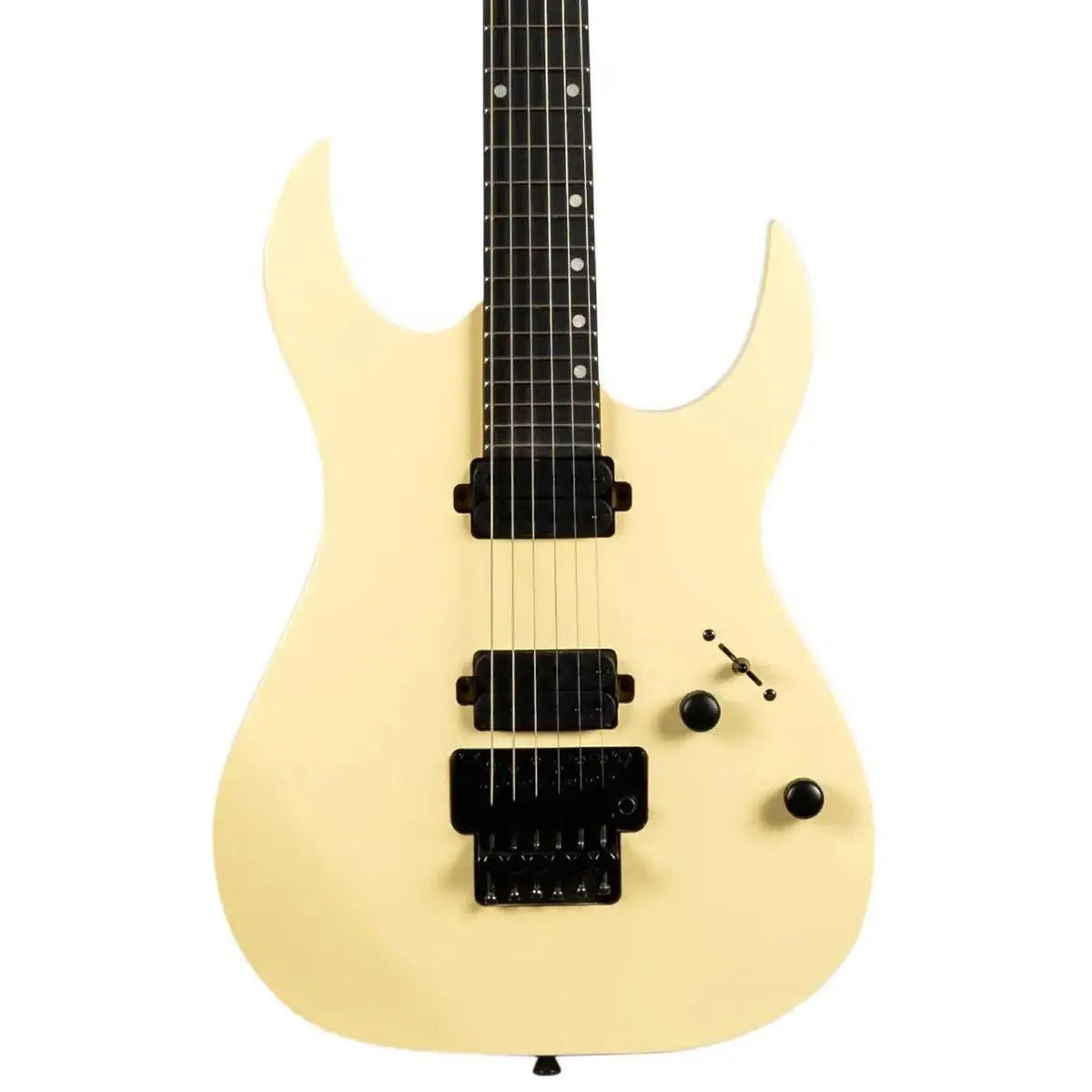 Spira S-420 AWH Alpine White solid body electric guitar with black hardware and ebony fretboard.