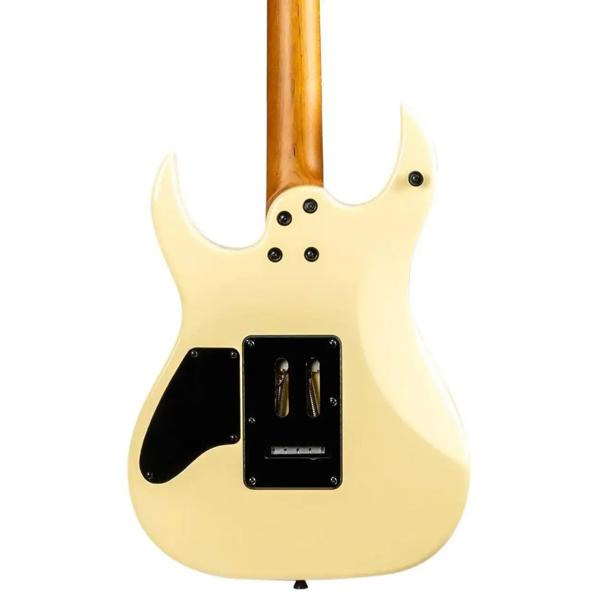 Back of a Spira S-420 AWH Alpine White Stratocaster electric guitar with roasted maple neck.