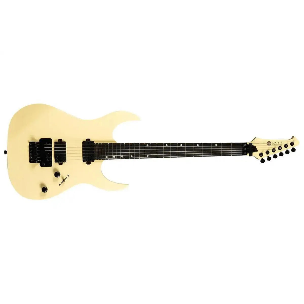Spira S-420 AWH Alpine White solid body electric guitar with black hardware and ebony fretboard.