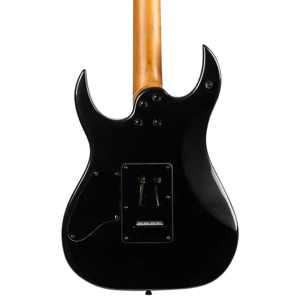 Spira S-420 BK Metallic Black Stratocaster electric guitar, back view, with roasted maple neck.