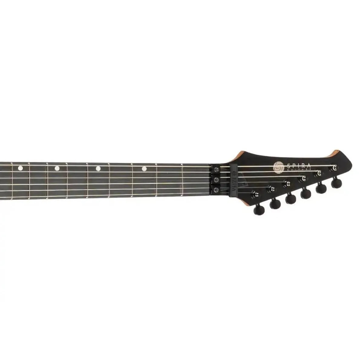 Spira S-420 BK electric guitar headstock and fretboard with black tuners and ebony tech fretboard.