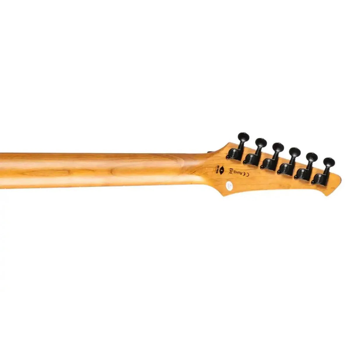 Spira S-420 BK Stratocaster electric guitar's roasted maple neck and black headstock with tuners.
