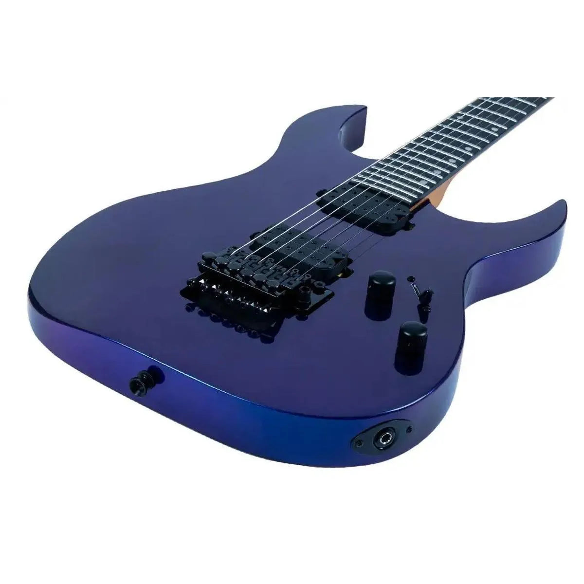 Spira S-420 CHM Chameleon Stratocaster electric guitar with a glossy purple-blue finish and black hardware.