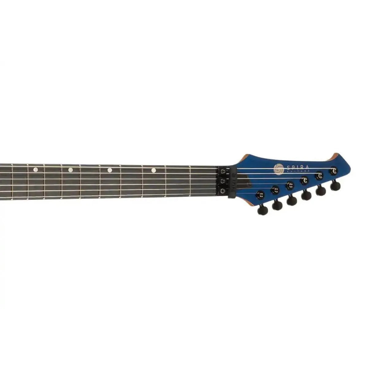 Spira S-420 CHM Chameleon Stratocaster electric guitar headstock and neck, blue gloss finish.