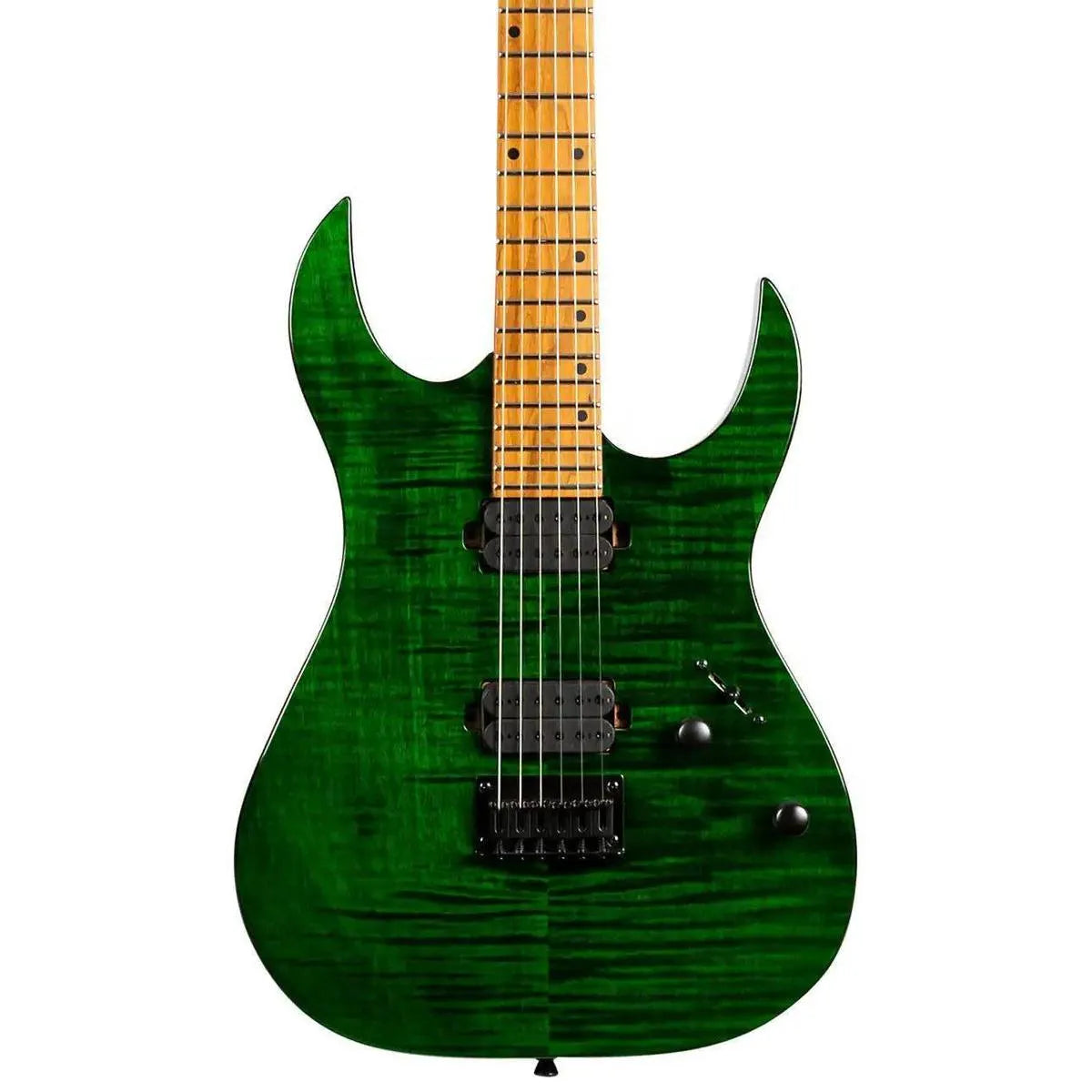 Spira S-450 TGR transparent green solid body electric guitar with flamed maple top and roasted maple neck.