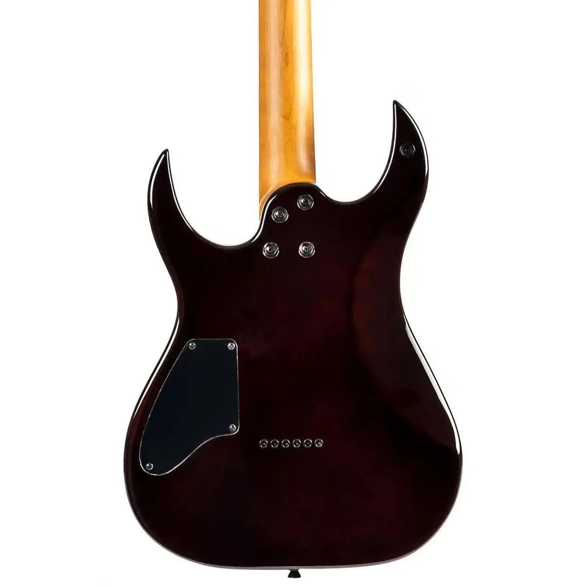 Back of a Spira S-450 TGR transparent green solid body electric guitar with a roasted maple neck.