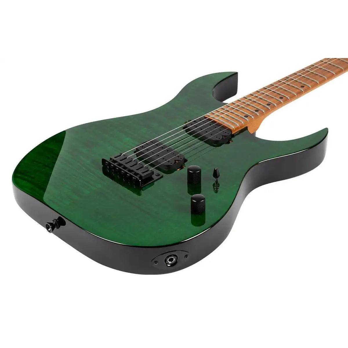 Spira S-450 TGR transparent green solid body electric guitar with flamed maple top and roasted maple neck.