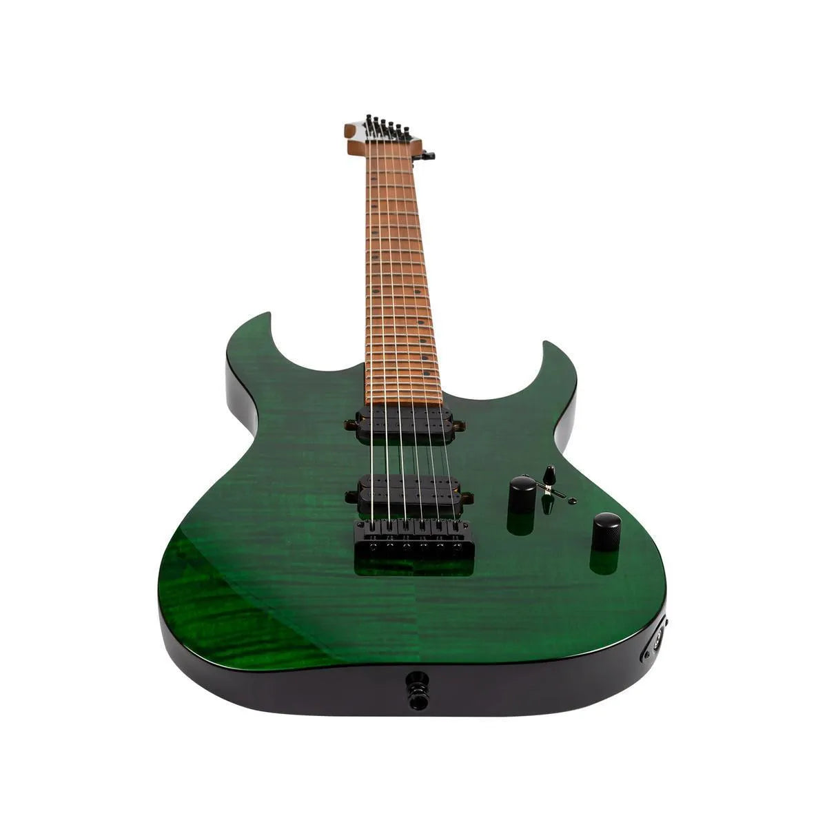 Spira S-450 TGR transparent green solid body electric guitar with flamed maple top and roasted maple neck.