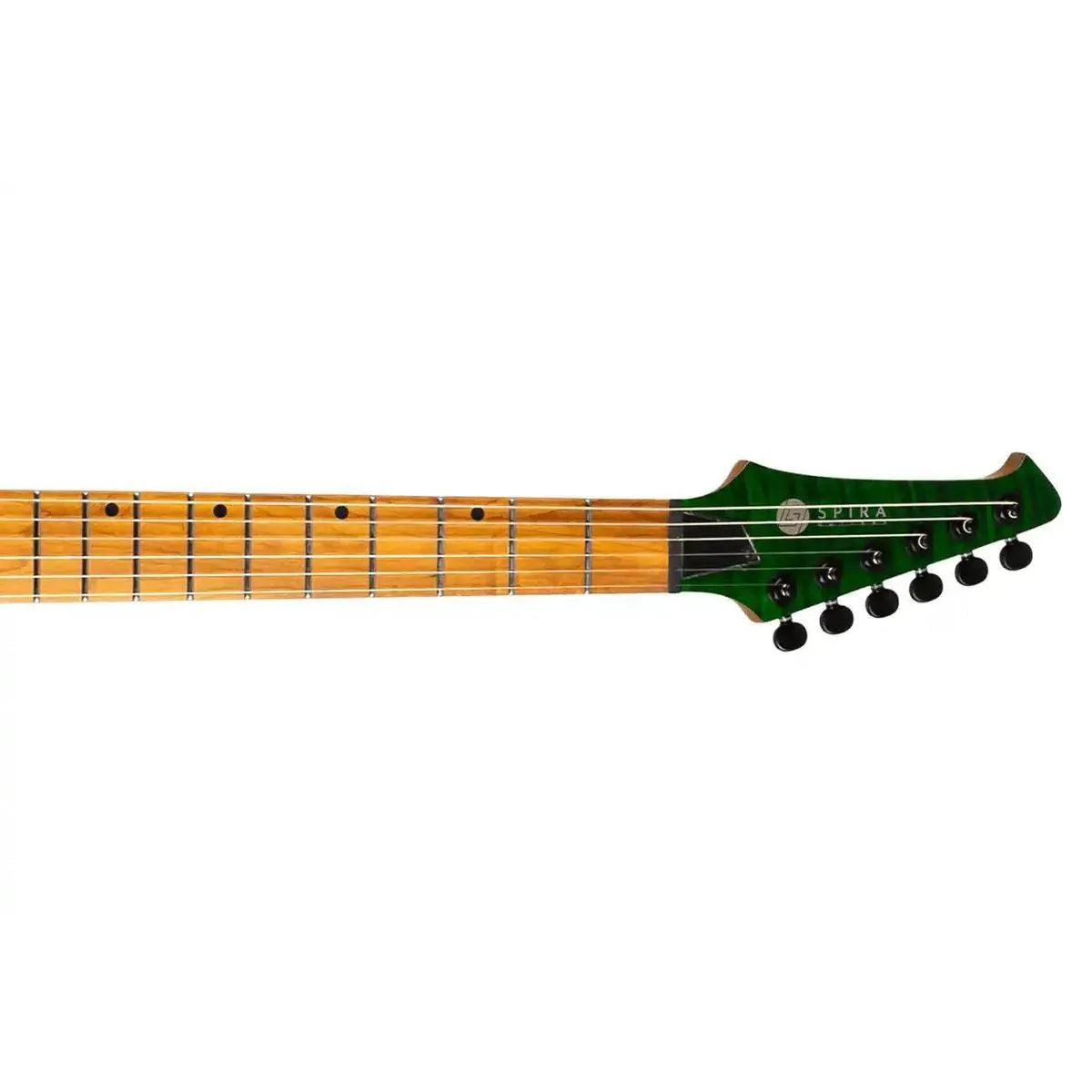 Spira S-450 TGR electric guitar headstock and neck with transparent green finish, black tuners, and roasted maple fretboard.