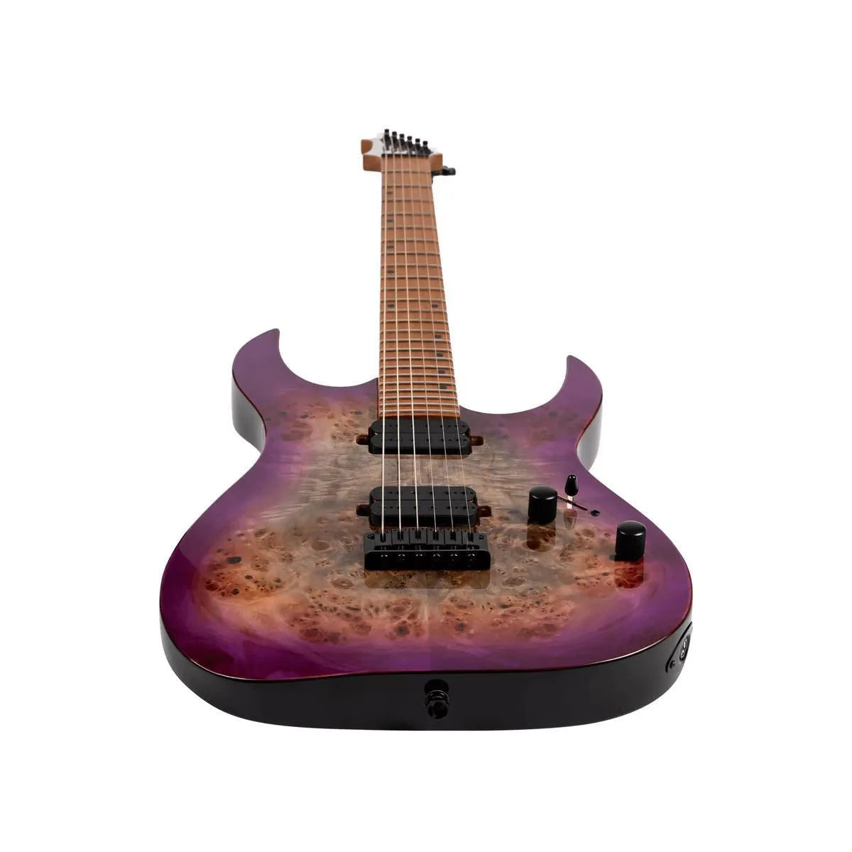 Spira S-450 TPP transparent purple solid body electric guitar with burl poplar top and roasted maple neck.
