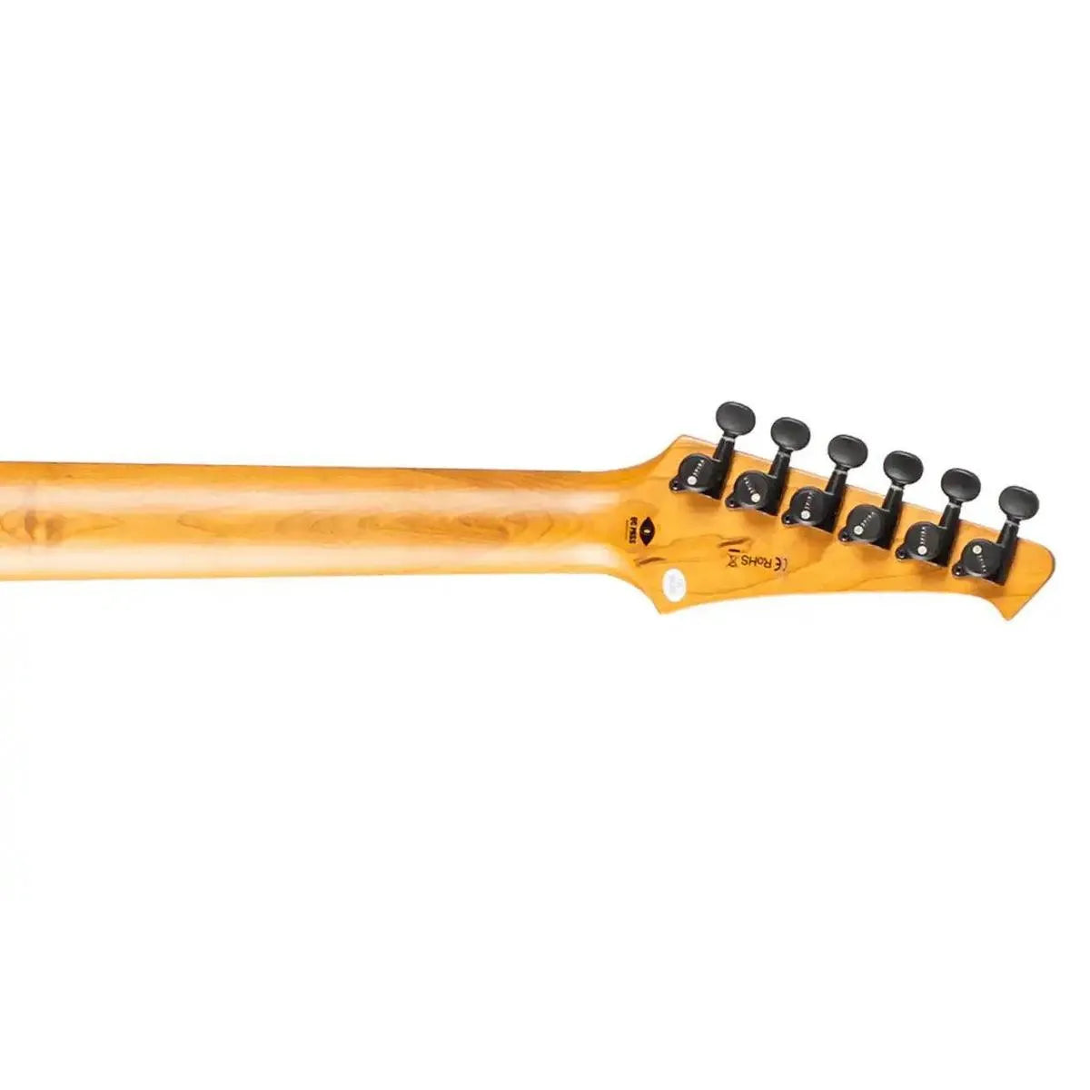 Spira S-450 TPP electric guitar's roasted maple neck and headstock with black tuners.