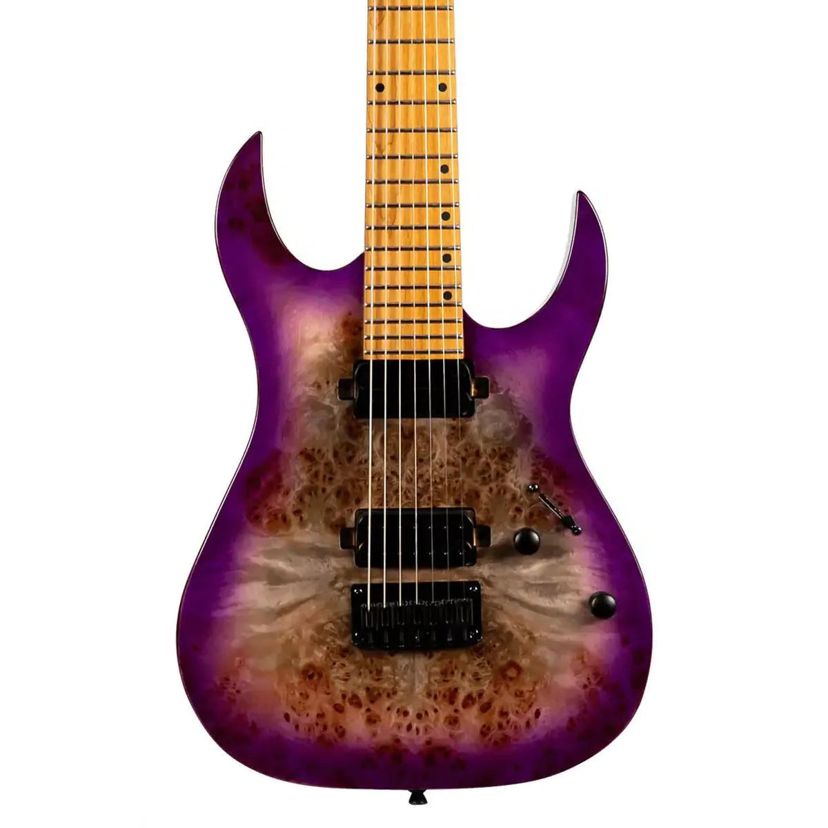 Spira S-457 TPP 7-string Stratocaster electric guitar with transparent purple flamed maple top and roasted maple fretboard.