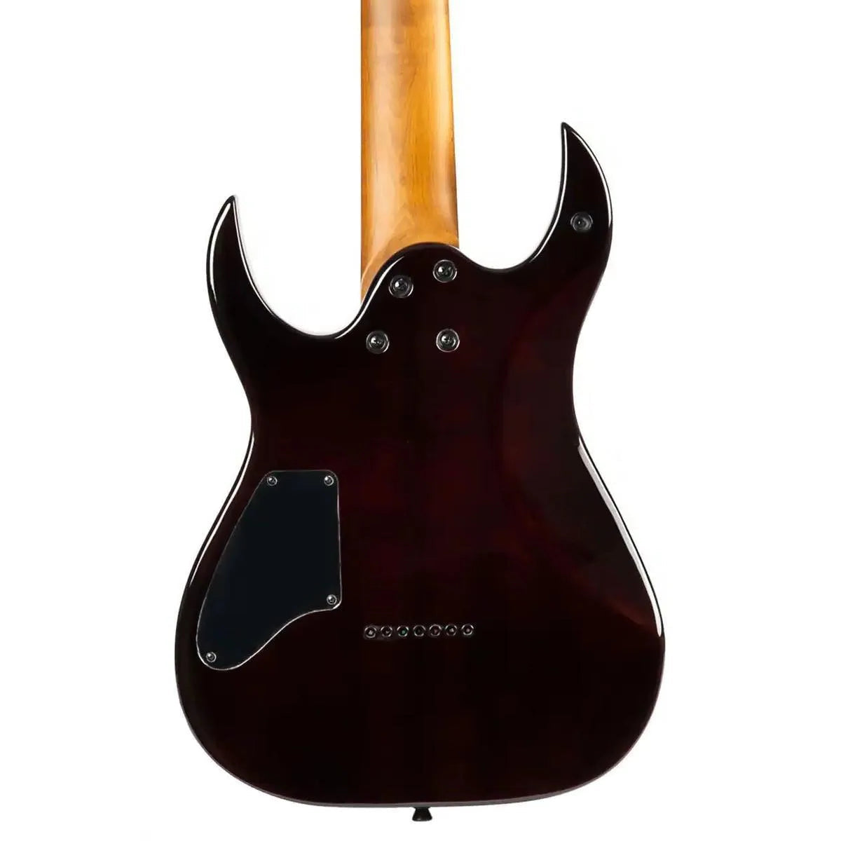 Back of a Spira S-457 TPP 7-string Stratocaster electric guitar with transparent purple finish and roasted maple neck.