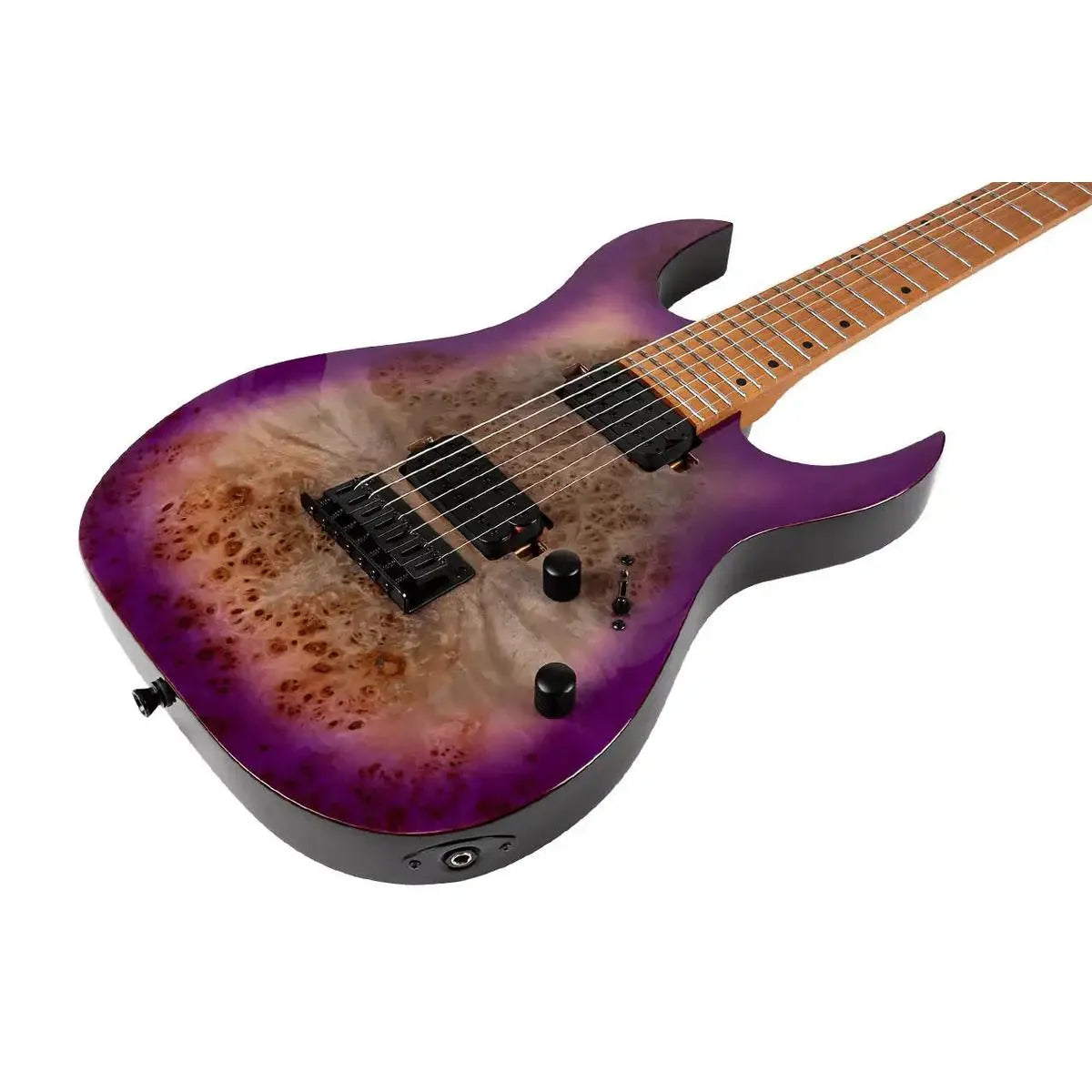 Spira S-457 TPP 7-string Stratocaster electric guitar with transparent purple flamed maple top and black hardware.