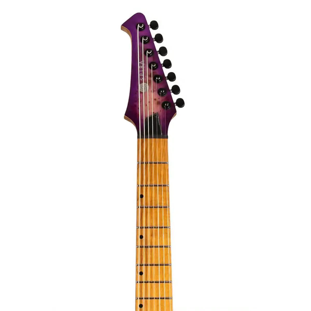 Spira S-457 TPP 7-string electric guitar headstock and fretboard with transparent purple finish and black hardware.