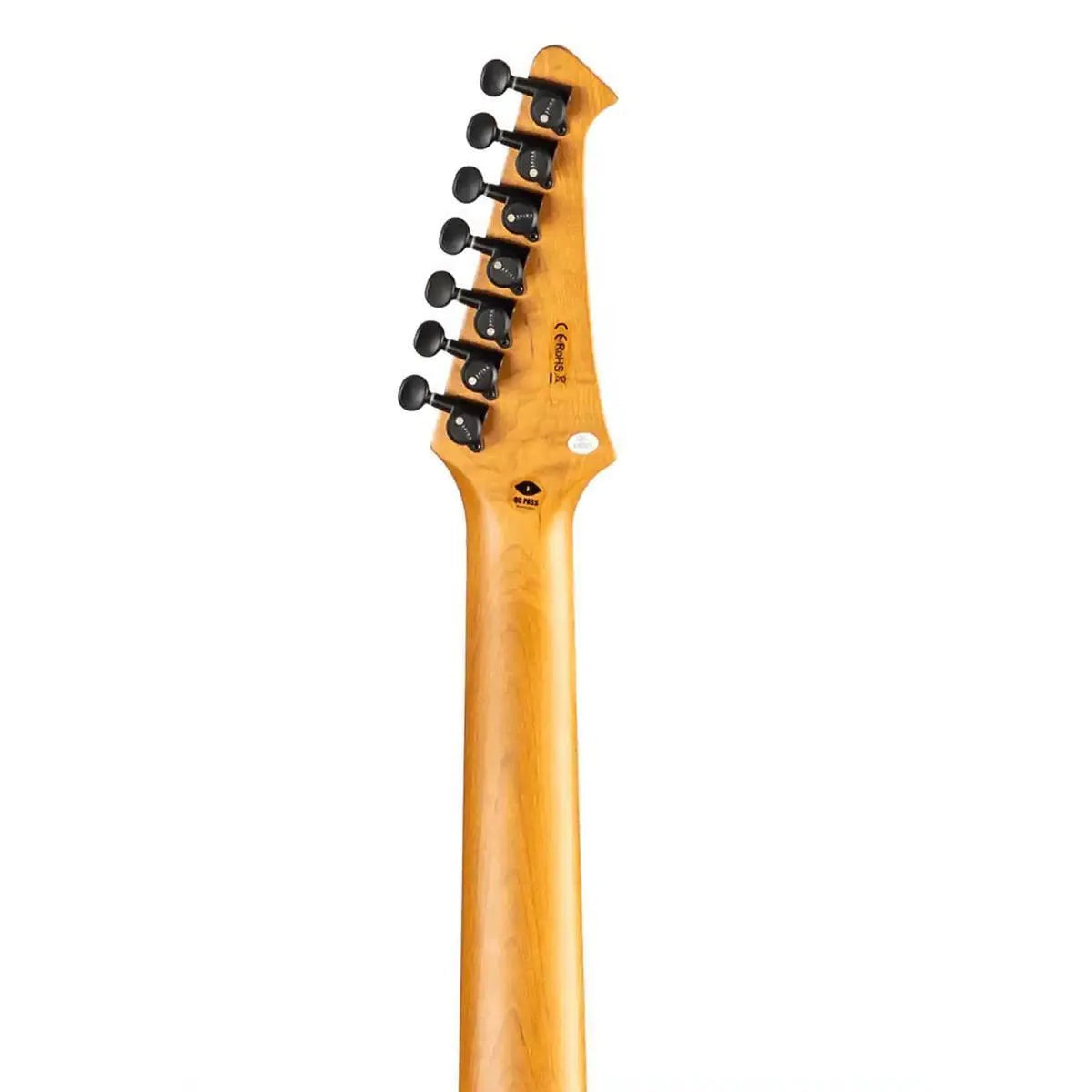 Back of a Spira S-457 7-string electric guitar's roasted maple neck and headstock with black tuners.
