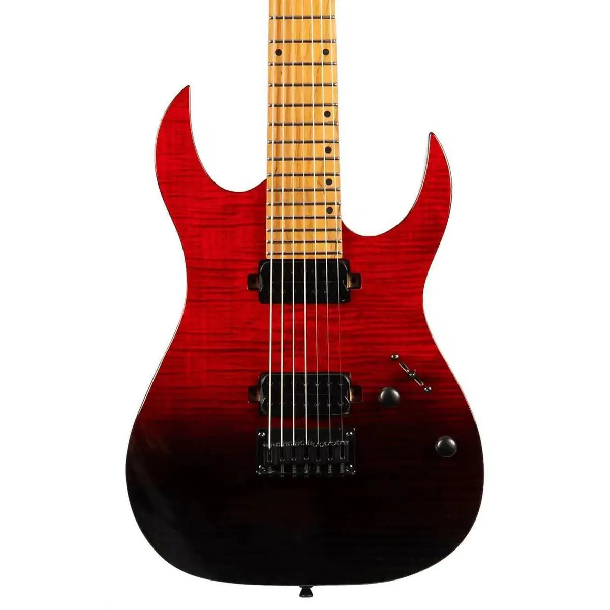 Spira S-457 TRD 7-string electric guitar with transparent red to black finish and flamed maple top.
