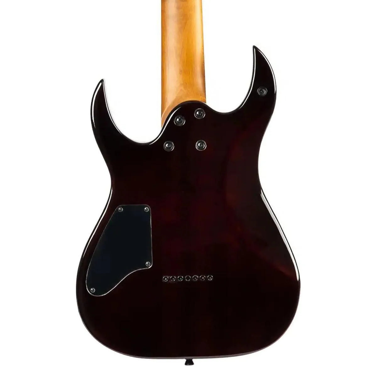 Back of a Spira S-457 TRD 7-String electric guitar with a transparent red & black solid body and natural wood neck.